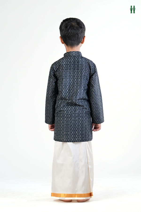 Chinese Collar Printed Design Black Silk Long Kurta