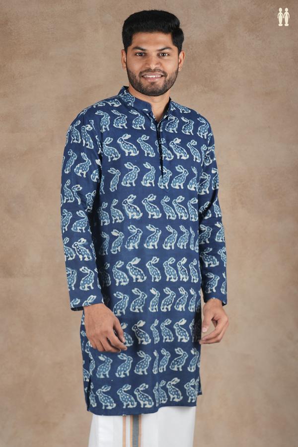 Chinese Collar Printed Design Blue Cotton Long Kurta