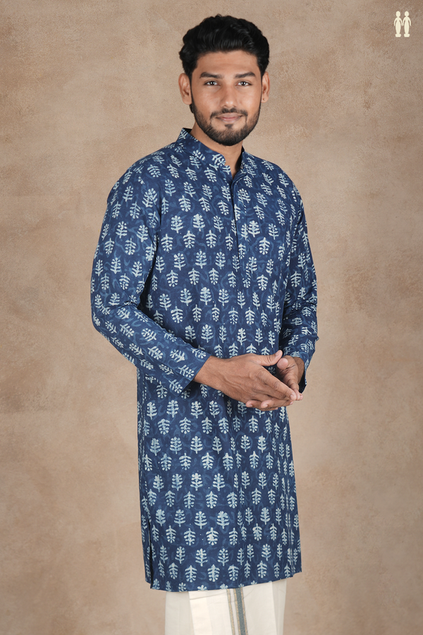 Chinese Collar Printed Design Blue Cotton Long Kurta