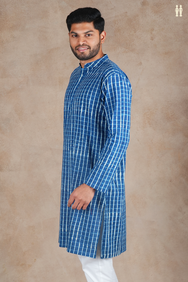 Chinese Collar Printed Design Blue Cotton Long Kurta