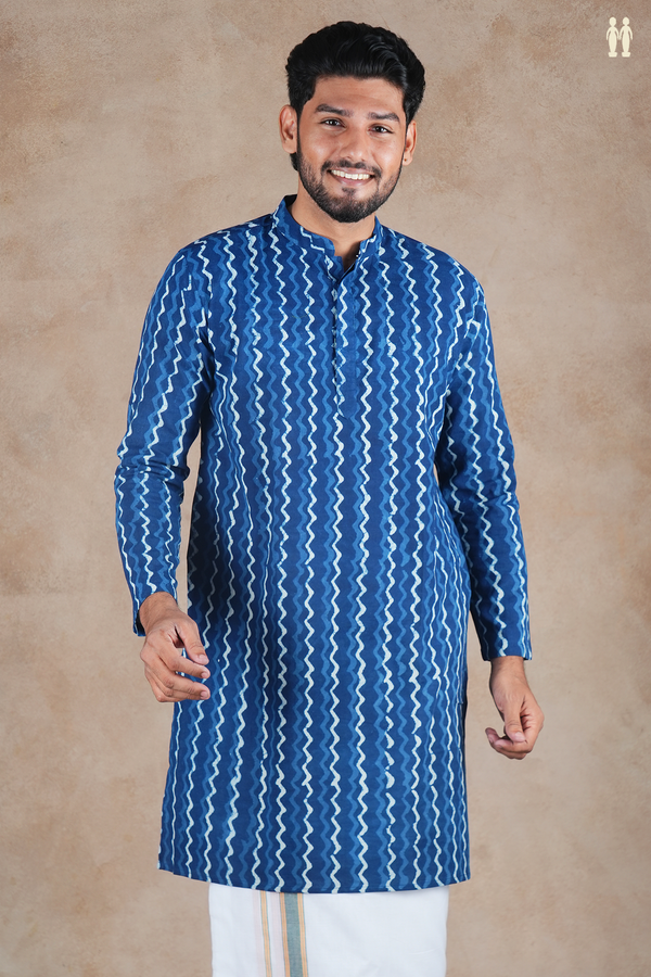Chinese Collar Printed Design Blue Cotton Long Kurta