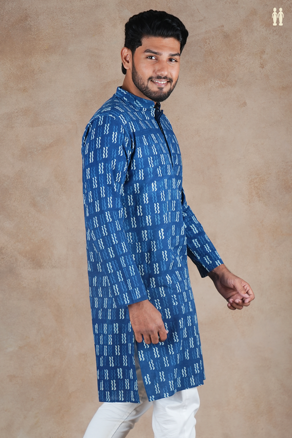 Chinese Collar Printed Design Blue Cotton Long Kurta
