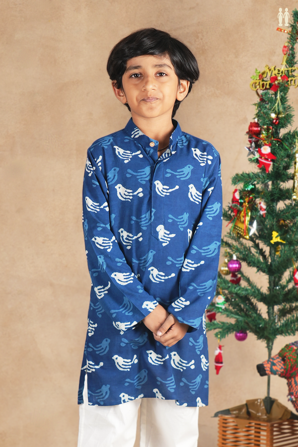 Chinese Collar Printed Design Blue Cotton Long Kurta