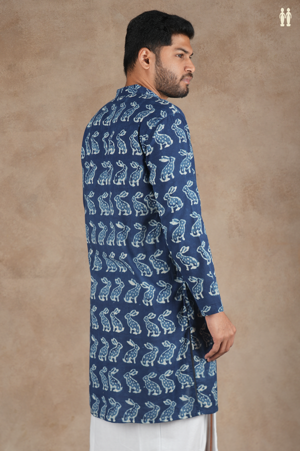 Chinese Collar Printed Design Blue Cotton Long Kurta