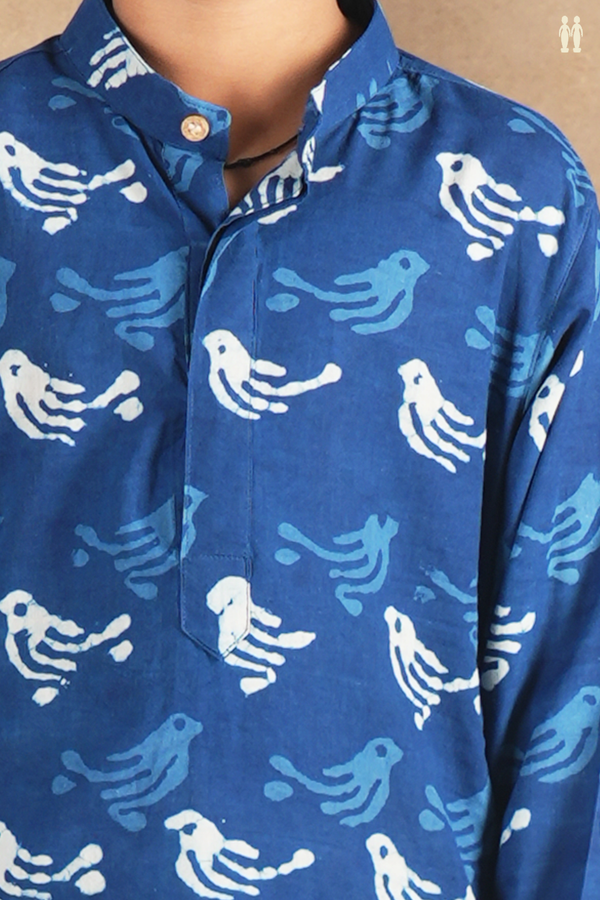 Chinese Collar Printed Design Blue Cotton Long Kurta