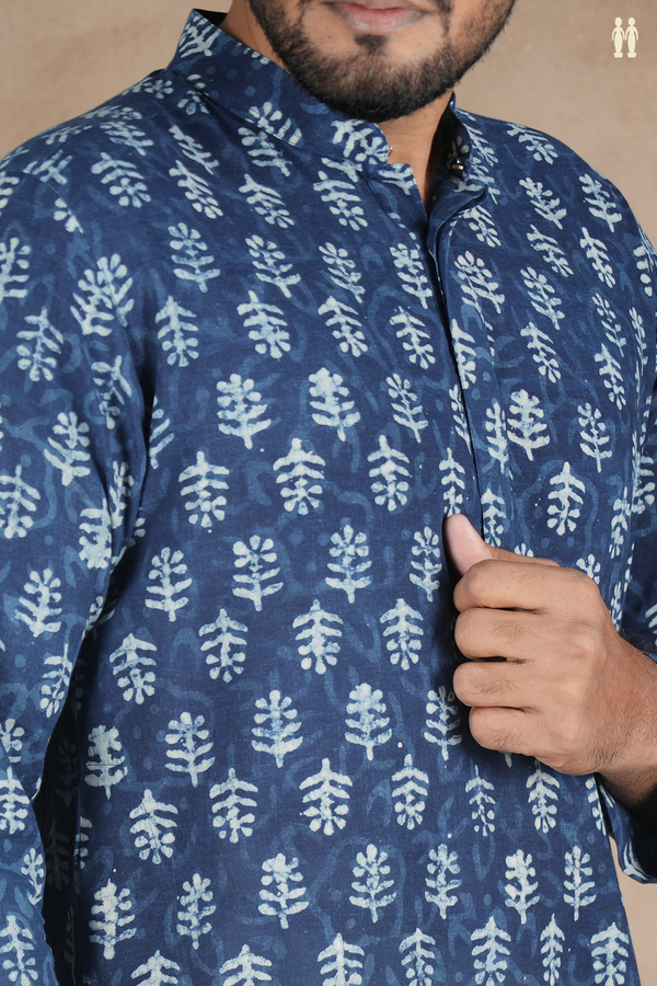 Chinese Collar Printed Design Blue Cotton Long Kurta