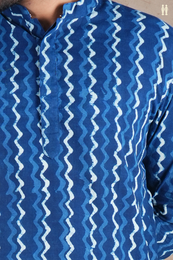 Chinese Collar Printed Design Blue Cotton Long Kurta