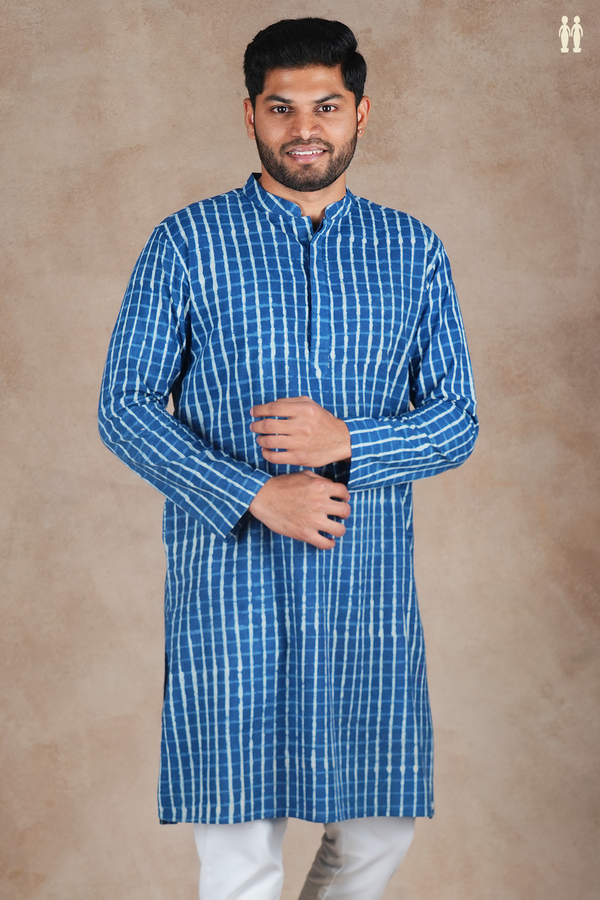 Chinese Collar Printed Design Blue Cotton Long Kurta
