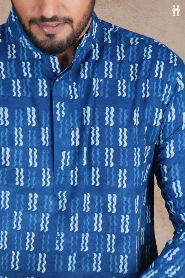 Chinese Collar Printed Design Blue Cotton Long Kurta