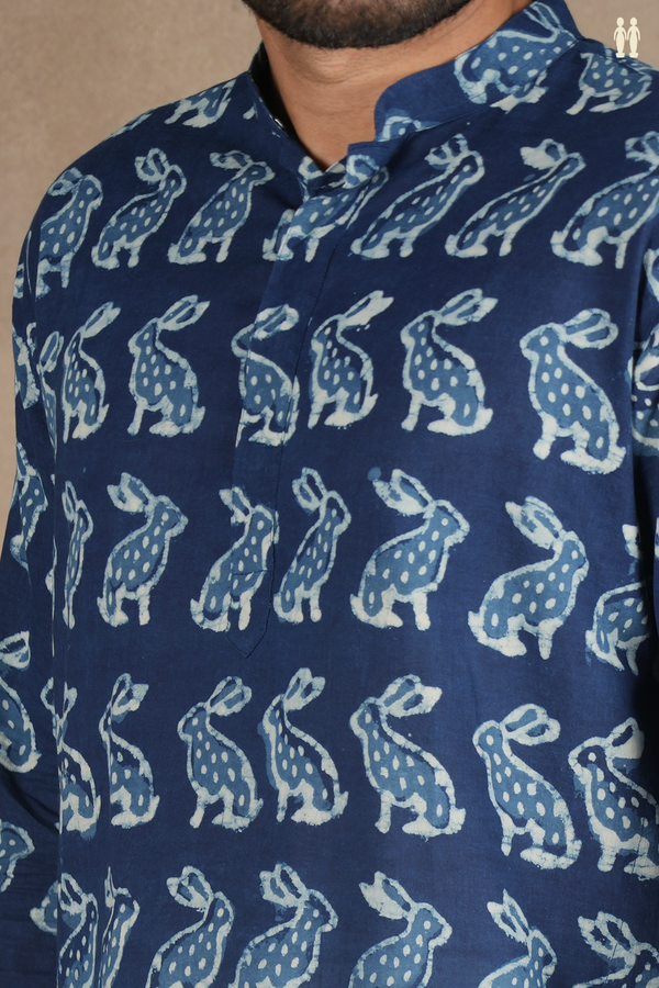 Chinese Collar Printed Design Blue Cotton Long Kurta