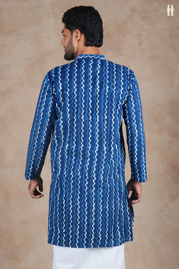 Chinese Collar Printed Design Blue Cotton Long Kurta