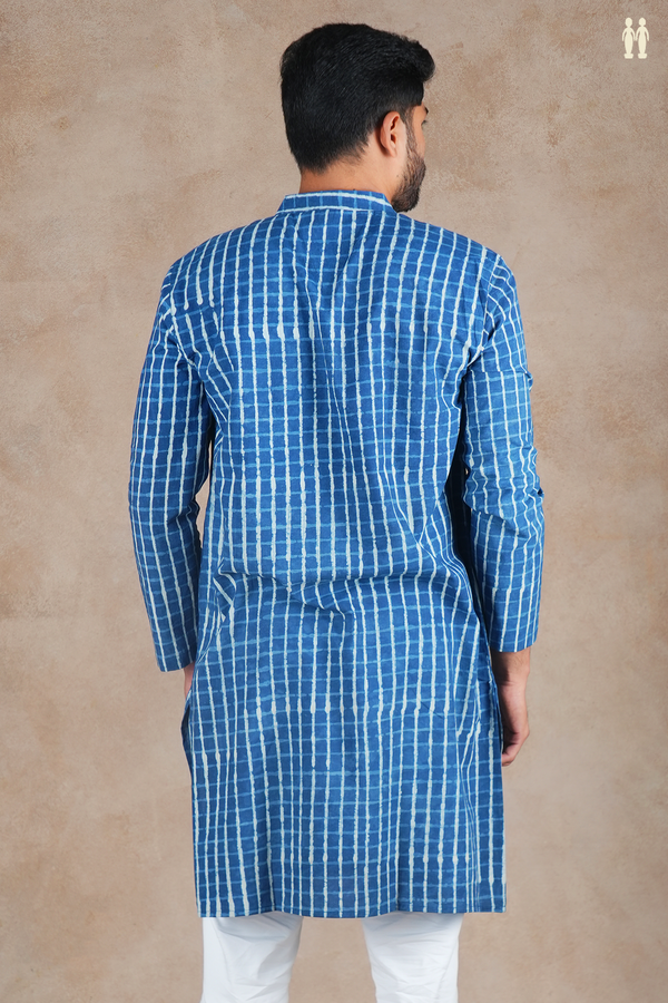 Chinese Collar Printed Design Blue Cotton Long Kurta