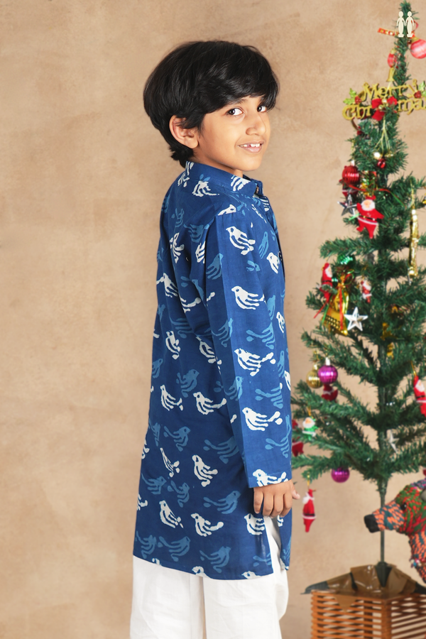 Chinese Collar Printed Design Blue Cotton Long Kurta