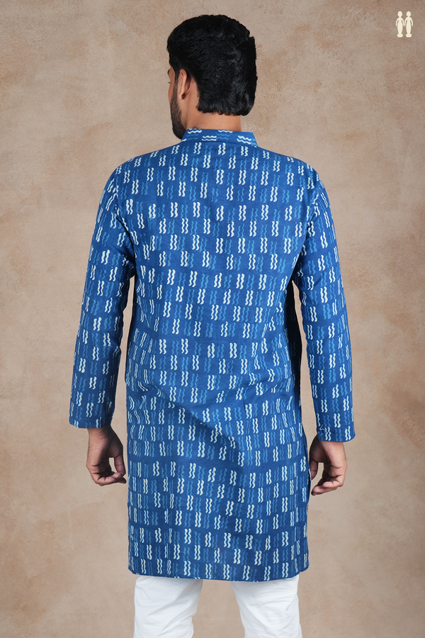 Chinese Collar Printed Design Blue Cotton Long Kurta