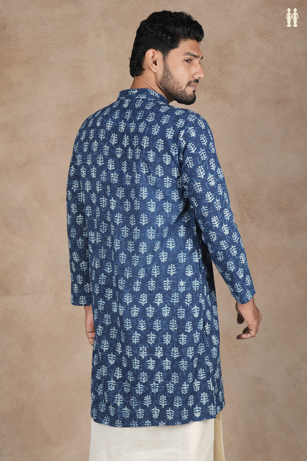 Chinese Collar Printed Design Blue Cotton Long Kurta