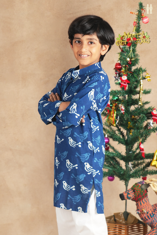 Chinese Collar Printed Design Blue Cotton Long Kurta