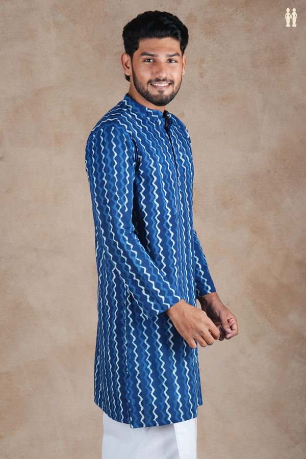 Chinese Collar Printed Design Blue Cotton Long Kurta