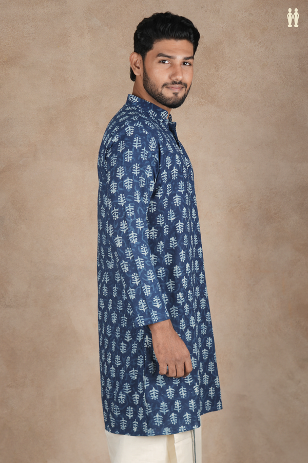 Chinese Collar Printed Design Blue Cotton Long Kurta