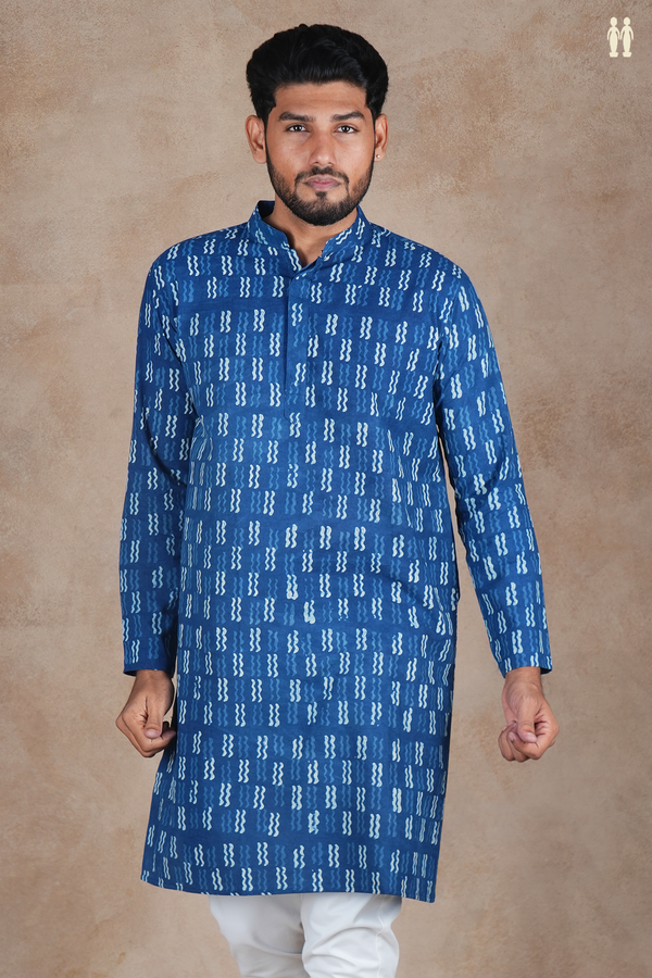 Chinese Collar Printed Design Blue Cotton Long Kurta