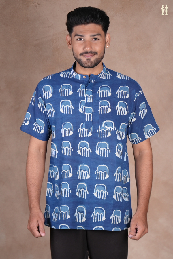 Chinese Collar Printed Design Blue Cotton Short Kurta