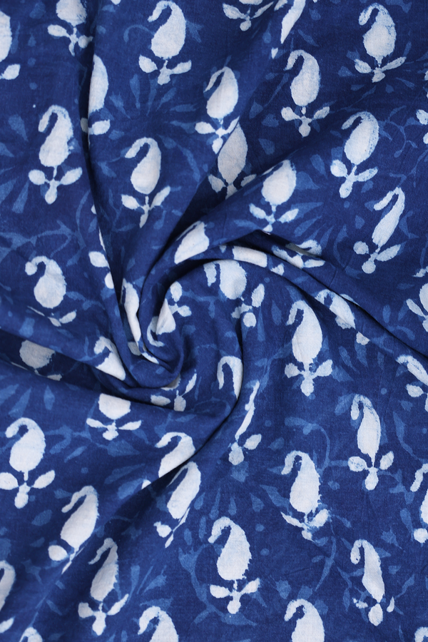 Chinese Collar Printed Design Blue Cotton Short Kurta