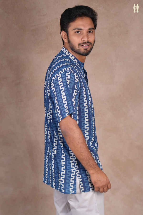 Chinese Collar Printed Design Blue Cotton Short Kurta