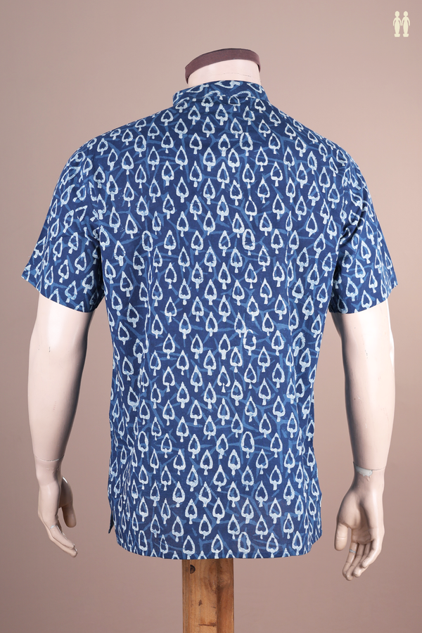 Chinese Collar Printed Design Blue Cotton Short Kurta