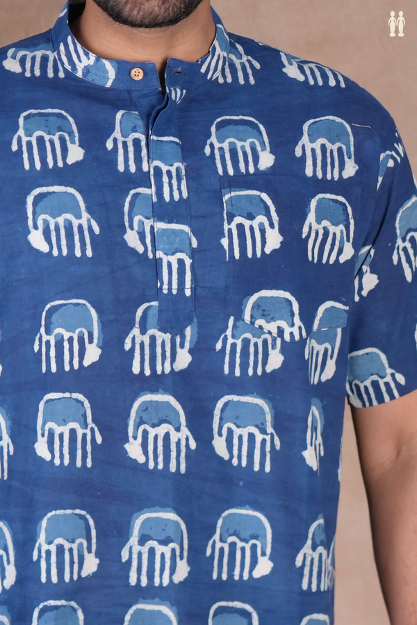 Chinese Collar Printed Design Blue Cotton Short Kurta