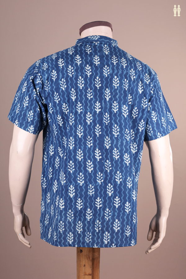 Chinese Collar Printed Design Blue Cotton Short Kurta