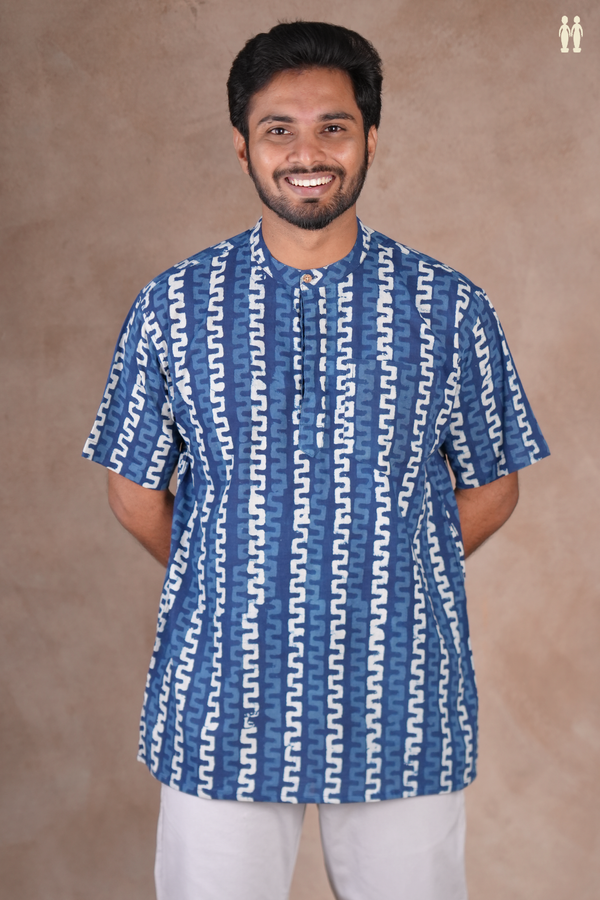 Chinese Collar Printed Design Blue Cotton Short Kurta