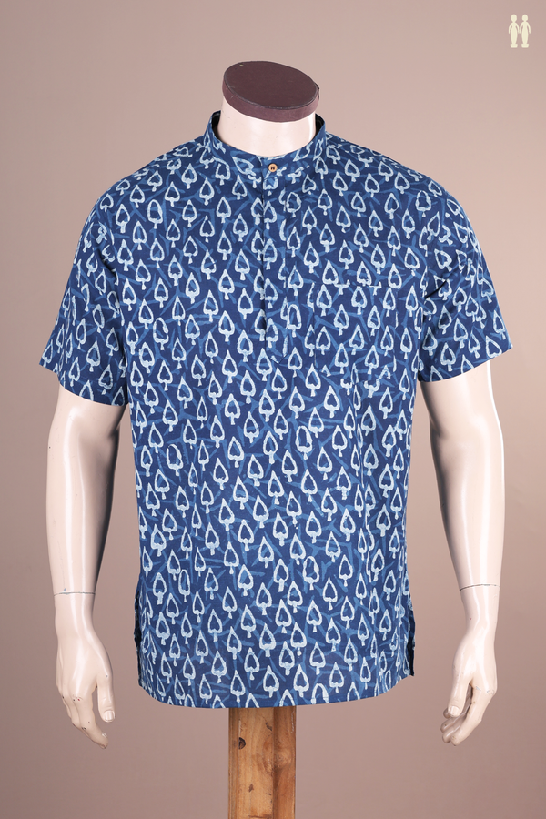 Chinese Collar Printed Design Blue Cotton Short Kurta