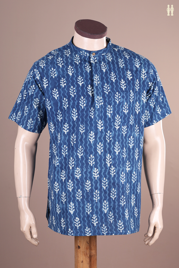Chinese Collar Printed Design Blue Cotton Short Kurta