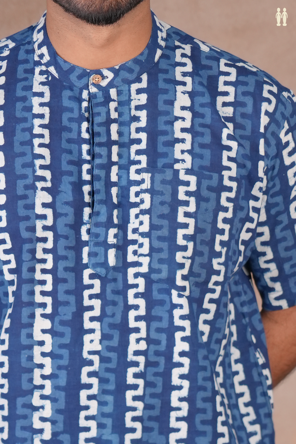 Chinese Collar Printed Design Blue Cotton Short Kurta