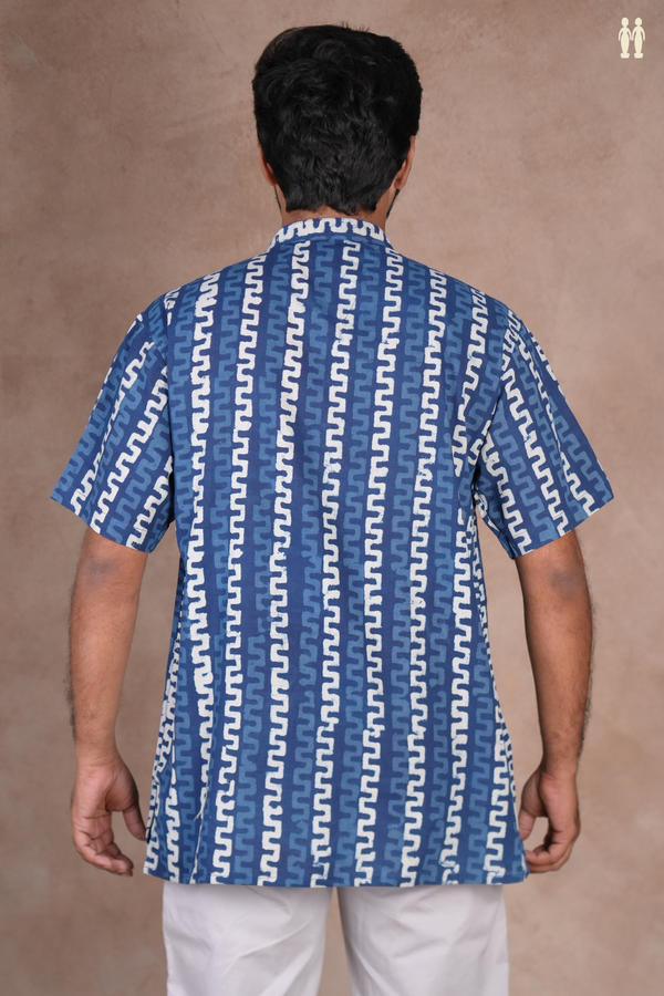 Chinese Collar Printed Design Blue Cotton Short Kurta
