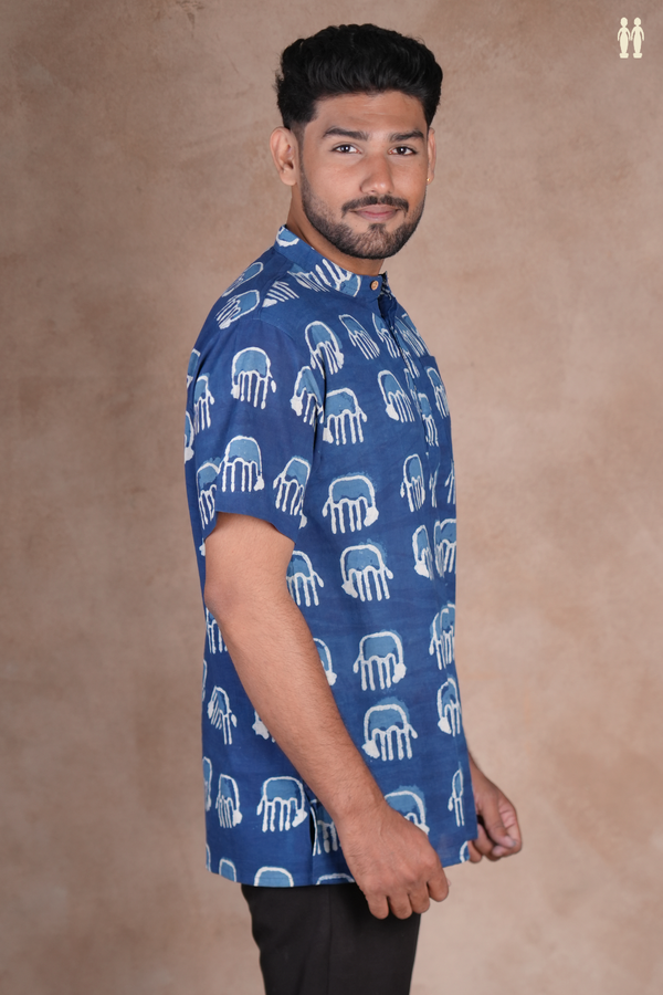 Chinese Collar Printed Design Blue Cotton Short Kurta