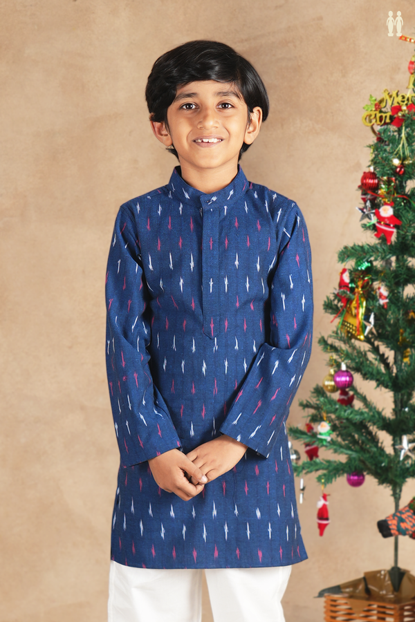 Chinese Collar Printed Design Blue Ikat Cotton Long Kurta