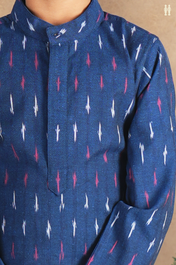 Chinese Collar Printed Design Blue Ikat Cotton Long Kurta