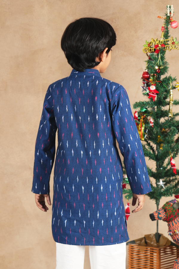 Chinese Collar Printed Design Blue Ikat Cotton Long Kurta
