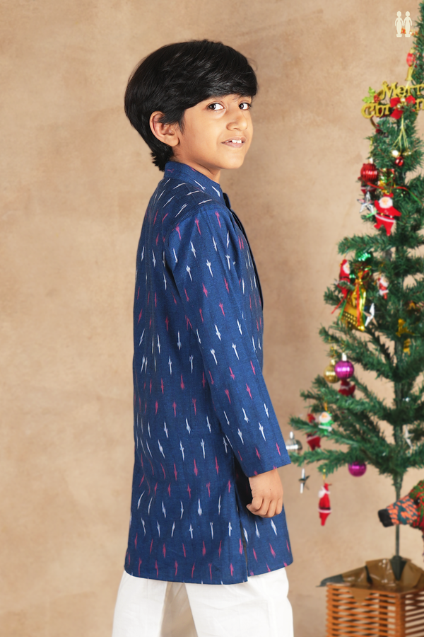 Chinese Collar Printed Design Blue Ikat Cotton Long Kurta