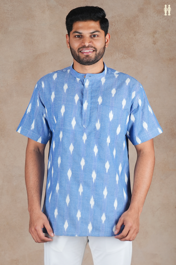 Chinese Collar Printed Design Blue Ikat Cotton Short Kurta