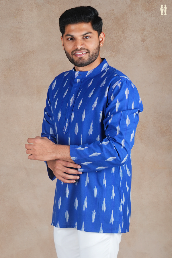 Chinese Collar Printed Design Blue Ikat Cotton Short Kurta
