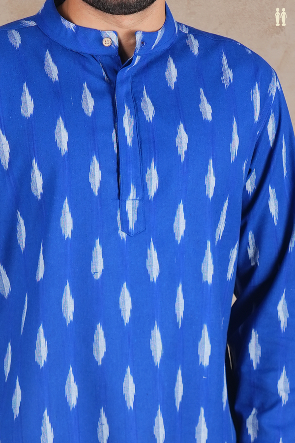 Chinese Collar Printed Design Blue Ikat Cotton Short Kurta