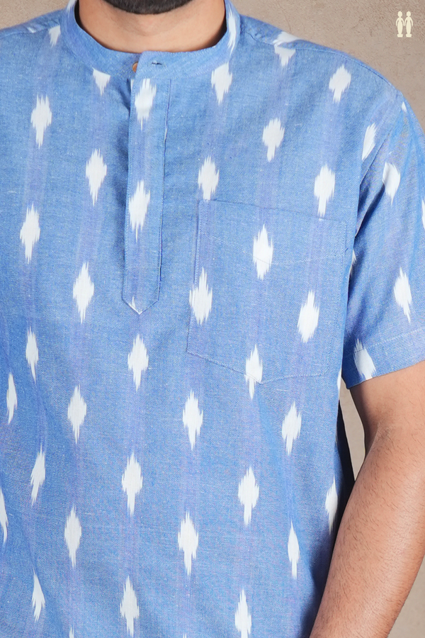 Chinese Collar Printed Design Blue Ikat Cotton Short Kurta