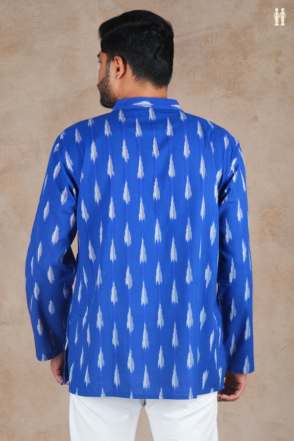Chinese Collar Printed Design Blue Ikat Cotton Short Kurta