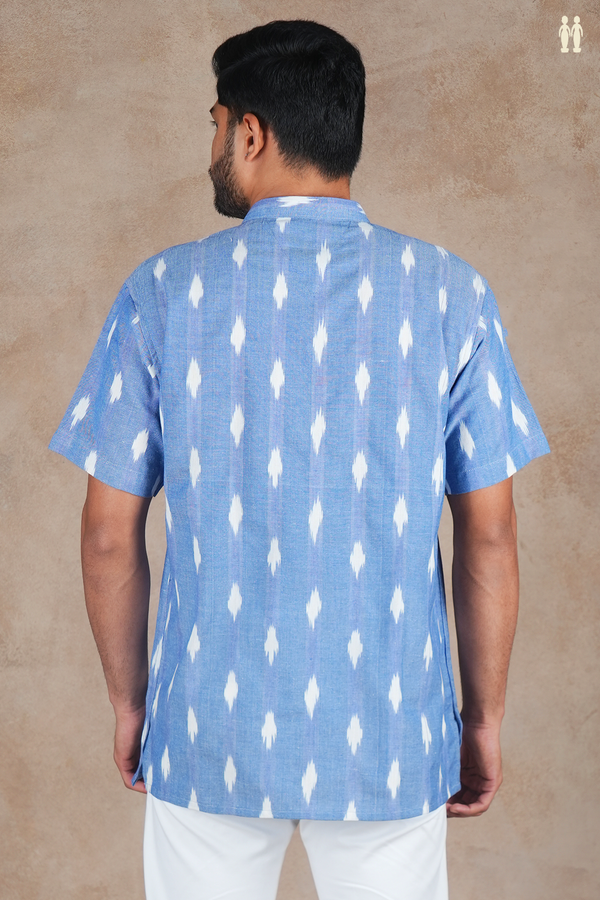 Chinese Collar Printed Design Blue Ikat Cotton Short Kurta