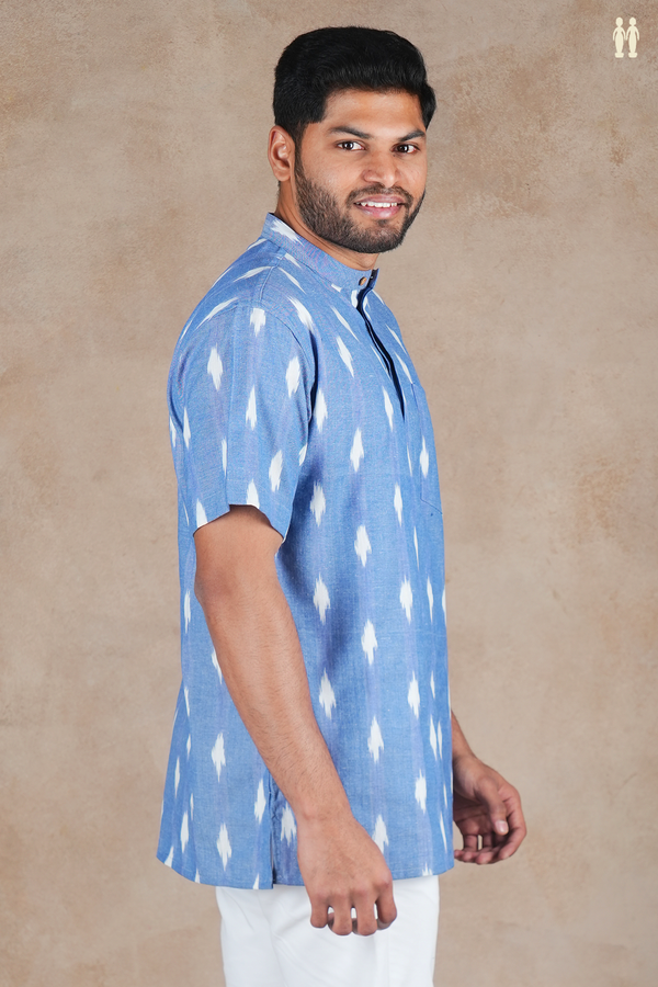Chinese Collar Printed Design Blue Ikat Cotton Short Kurta