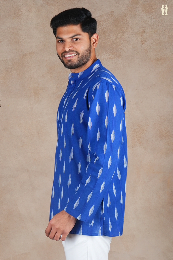 Chinese Collar Printed Design Blue Ikat Cotton Short Kurta