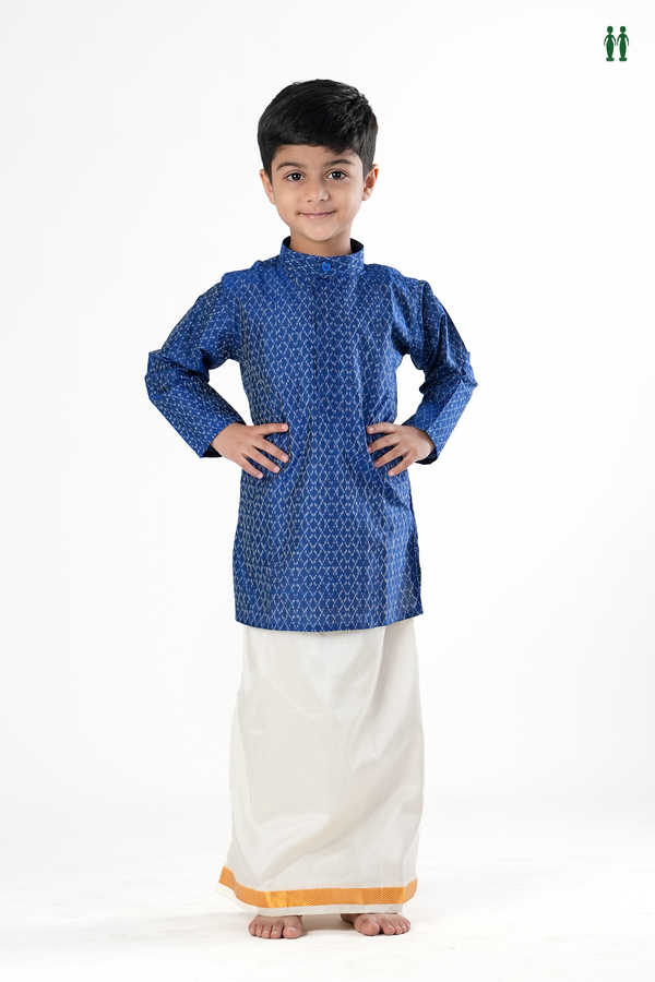 Chinese Collar Printed Design Blue Silk Long Kurta