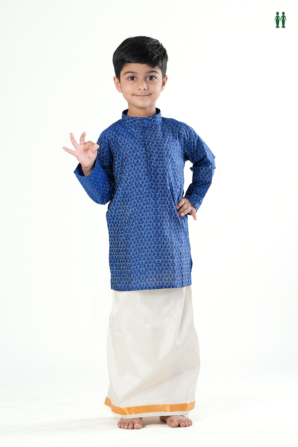 Chinese Collar Printed Design Blue Silk Long Kurta