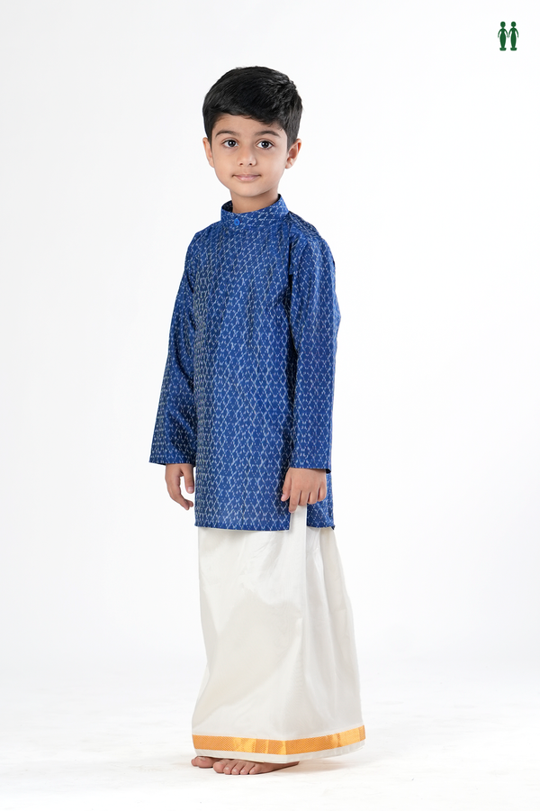 Chinese Collar Printed Design Blue Silk Long Kurta